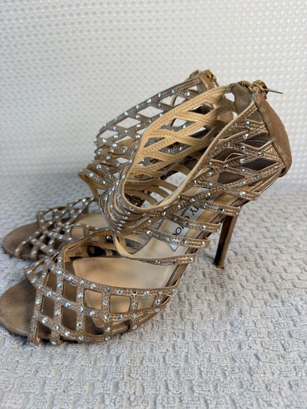 Jimmy Choo Beige Gold Suede Rhinestone Caged Stiletto Sandals Sz 9 - Picture 5 of 12